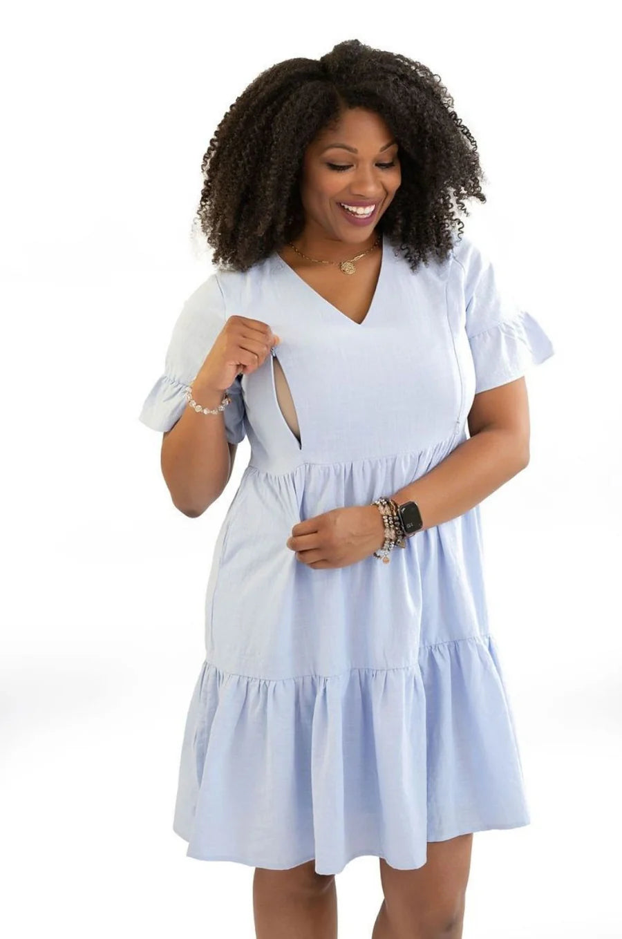 Nursing Dress With Pockets - Bell Sleeve- Periwinkle (Lavender/Blue)